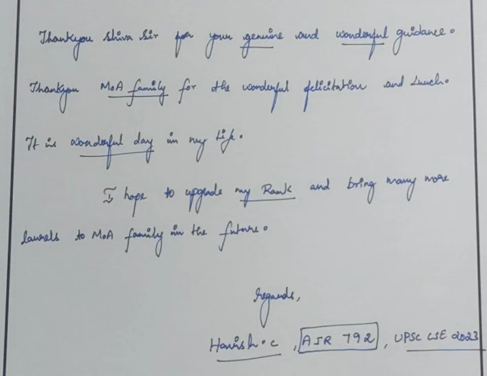 The feedback form Havish C wrote by hand. Opens the picture at full size.