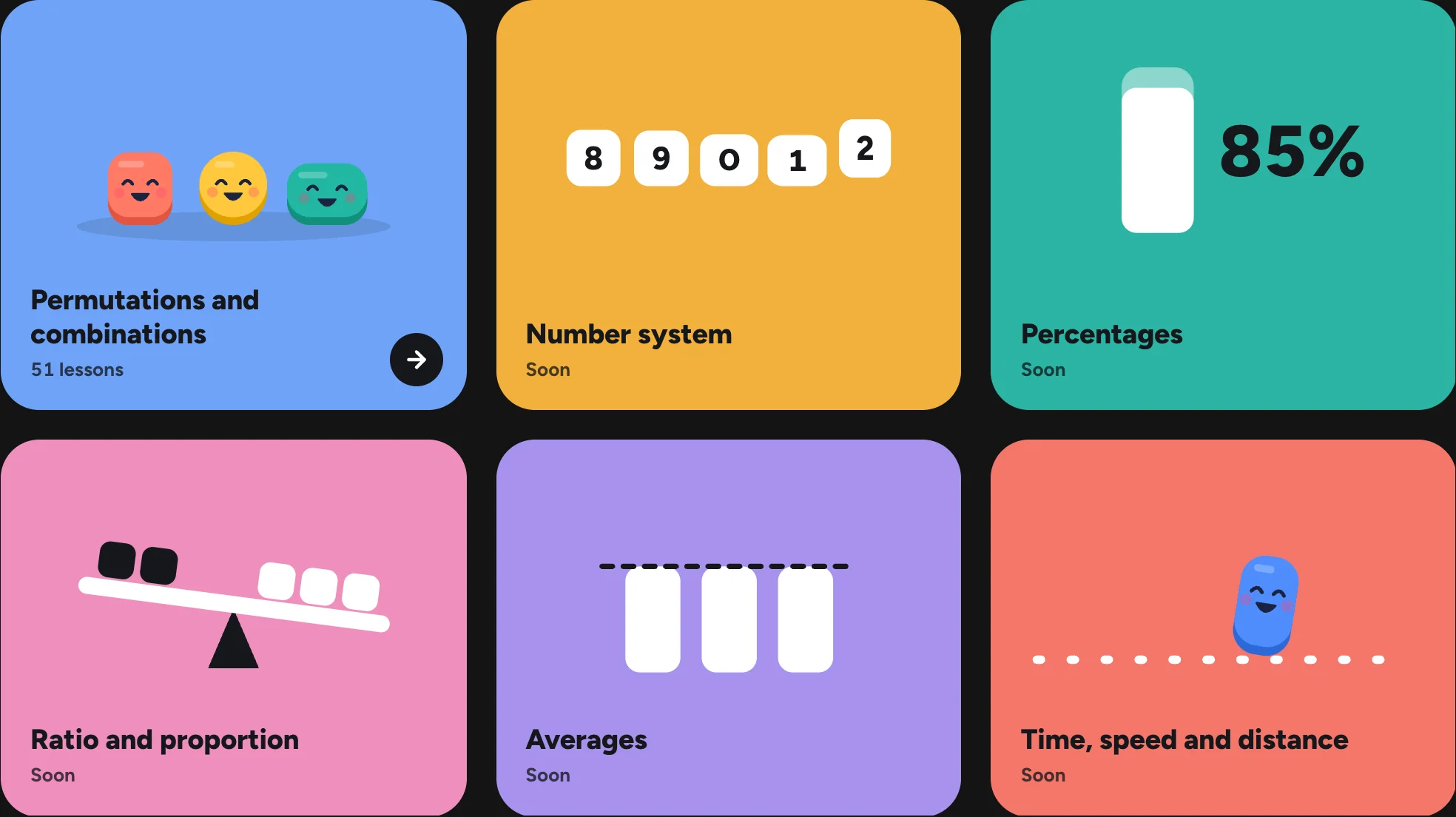 CSAT topics as blocks of colour, each with a picture on it: Permutations and combinations, Number system, Percentages and more.